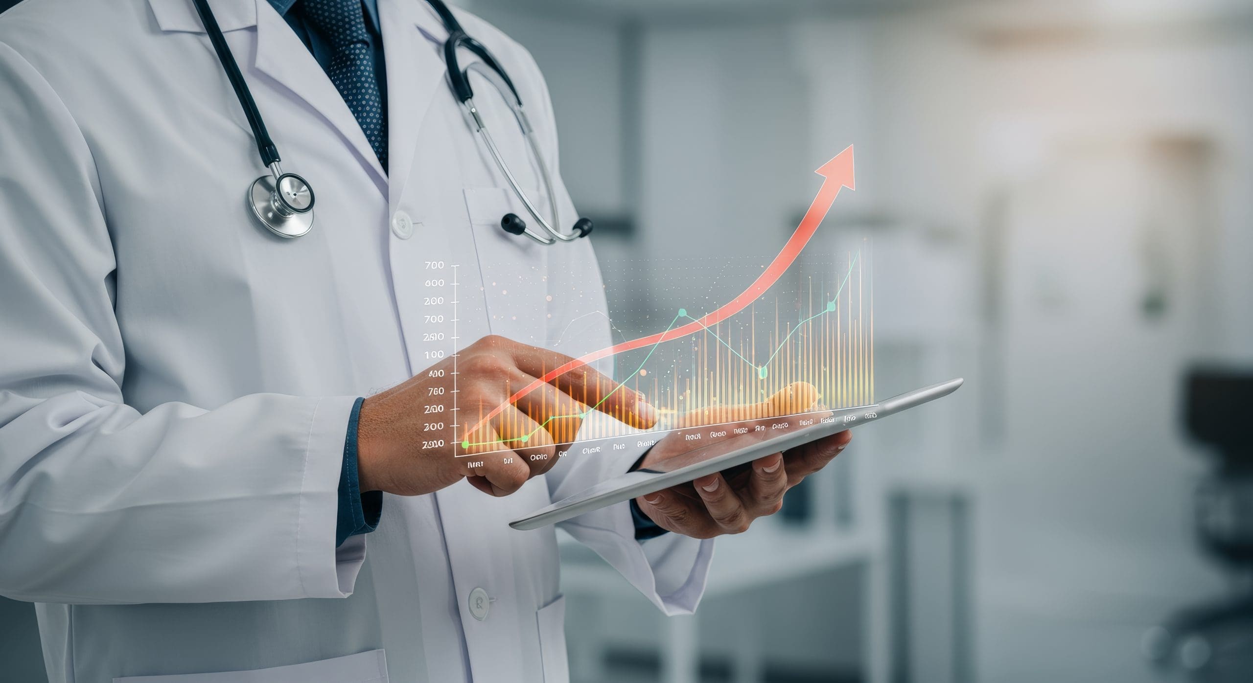 A doctor uses a tablet displaying upward trending graphs, symbolizing healthcare progress, innovation, data analysis, patient care improvement, and future growth.