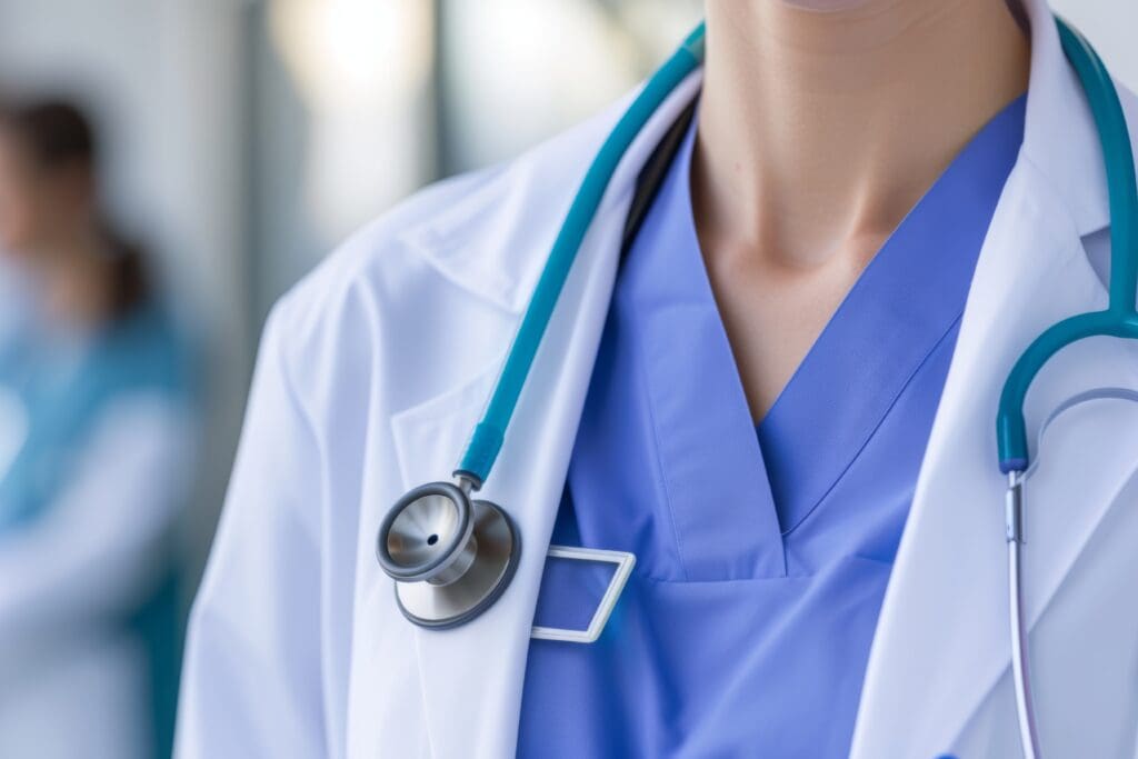 close-up of a stethoscope draped around the neck of a physician